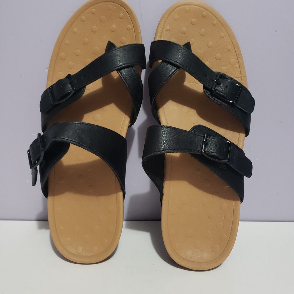 My Soft Sz 10  Black Sandals Slip On Faux Leather Women's